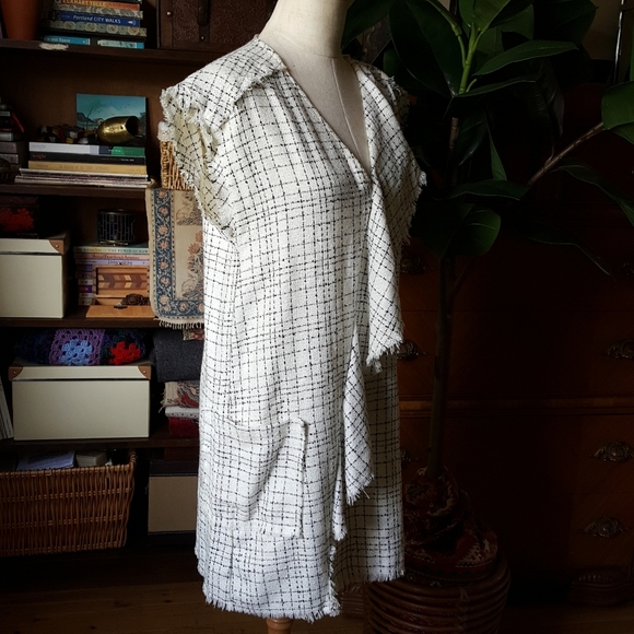 Zara Tweed Asymmetric Ruffle Dress V Neck Pockets - Picture 6 of 9